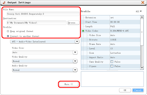 video cut output settings