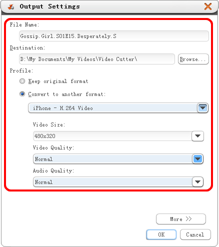 Video clip output settings